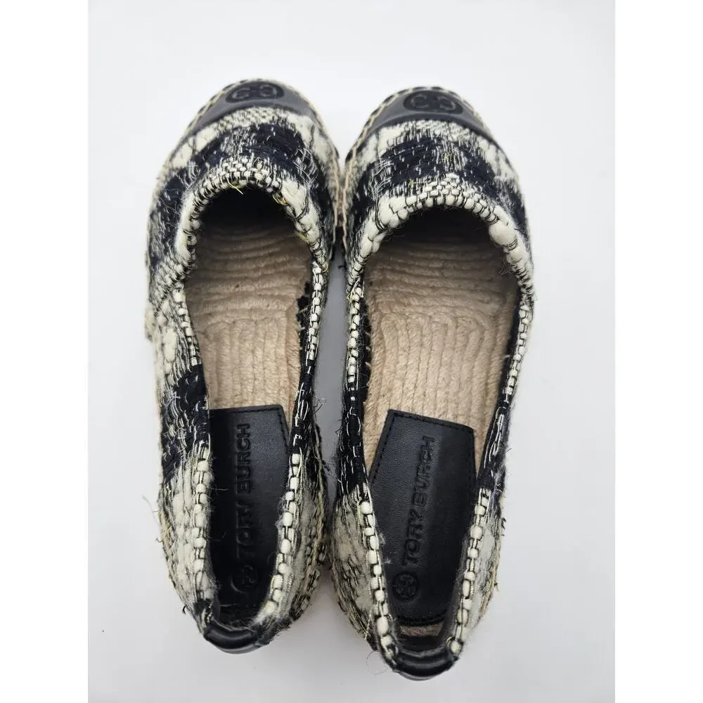Tory Burch Logo Espadrille Flats Black Ivory Tweed Round Toe Slip-On sz 6.5